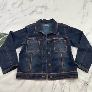 Vezucci Womens Vintage Y2k Jean Jacket Size L Dark Wash Denim Orange Trim
